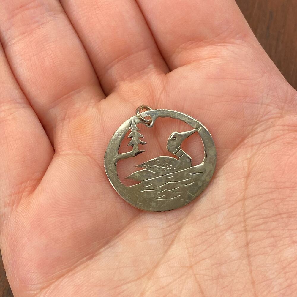 Vintage 925 Sterling Silver Duck on Water Tree Nature Cut Out Pendant Charm